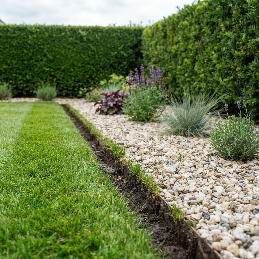 Neatly edged lawn border beside a pebble garden bed and trimmed hedge