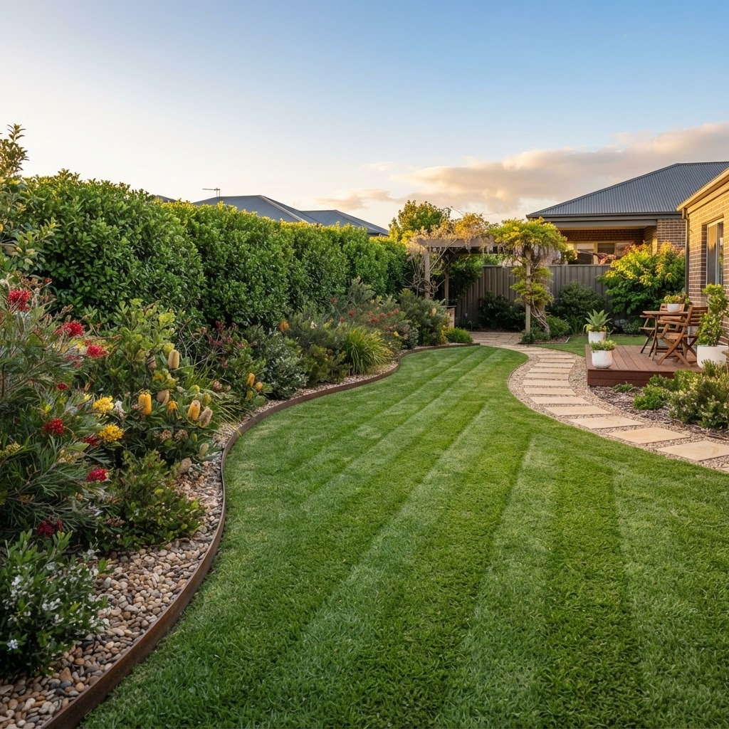 Freshly mowed lawn and neatly trimmed hedges in a well-maintained Australian backyard garden